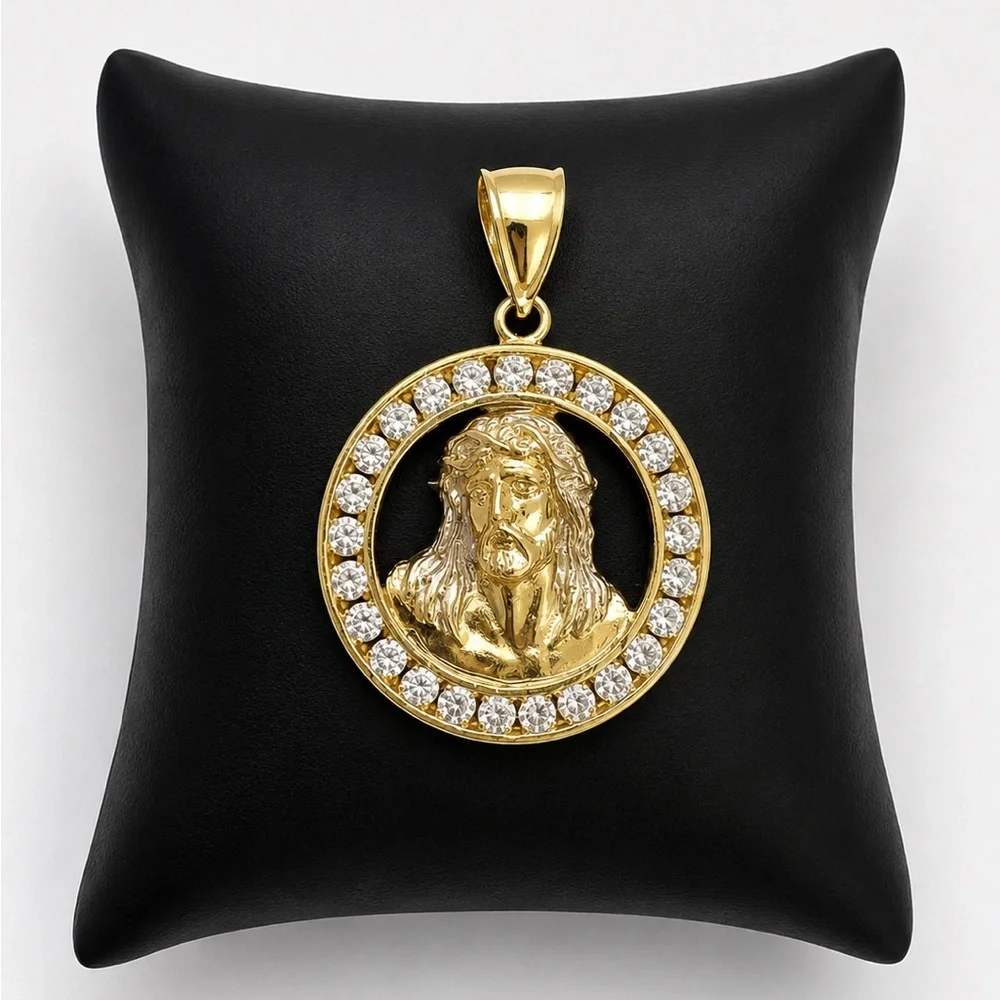 10K 10KT Yellow Gold Cubic Zirconia Jesus Round Men’s Pendant
